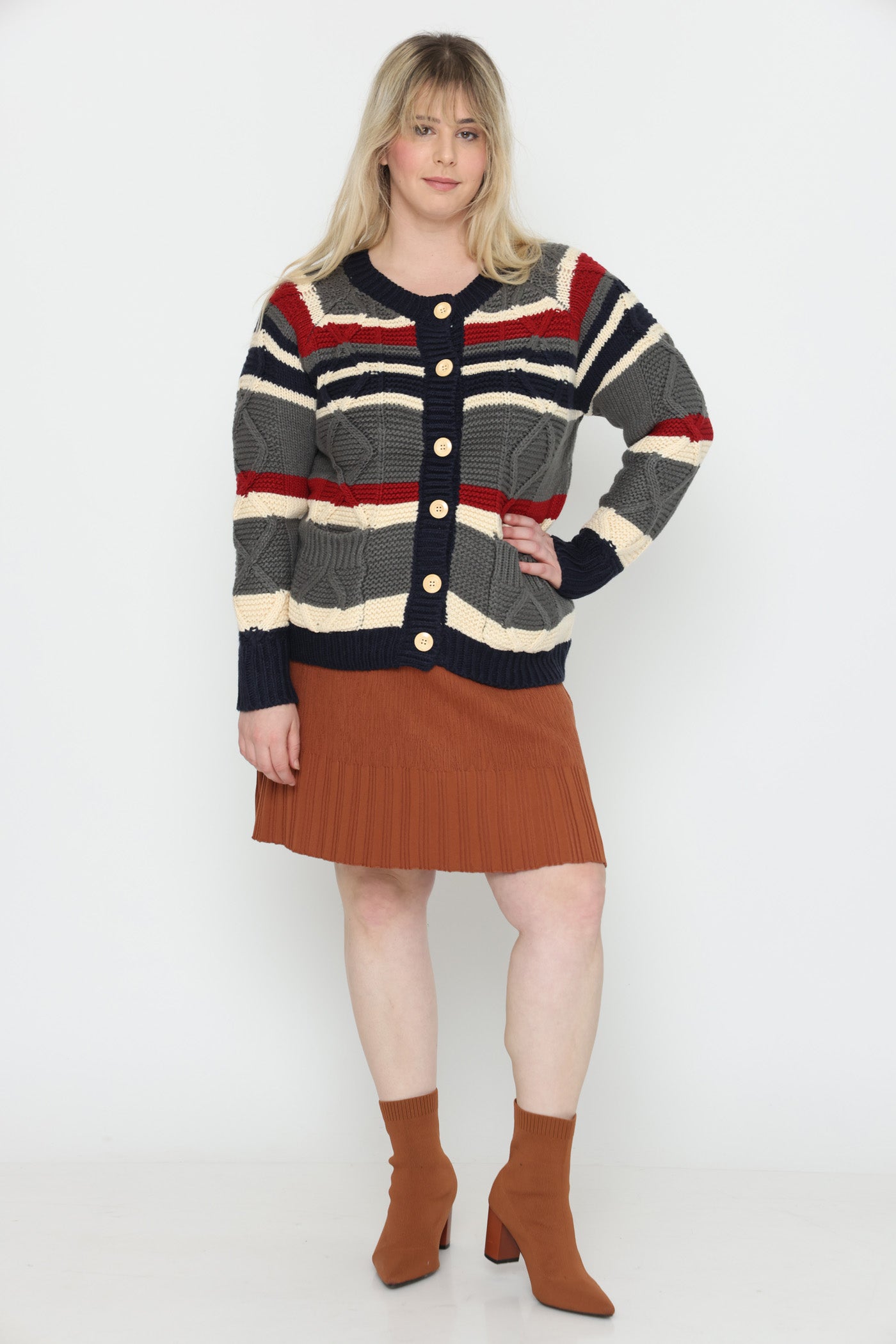 קרדיגן פסי אפור ואדום