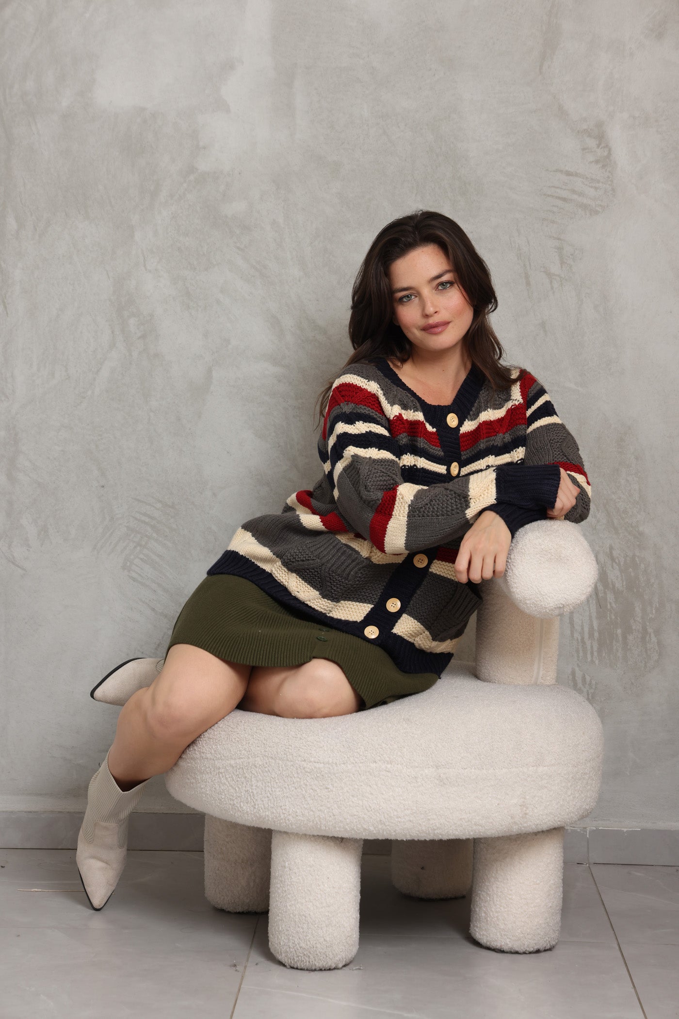 קרדיגן פסי אפור ואדום