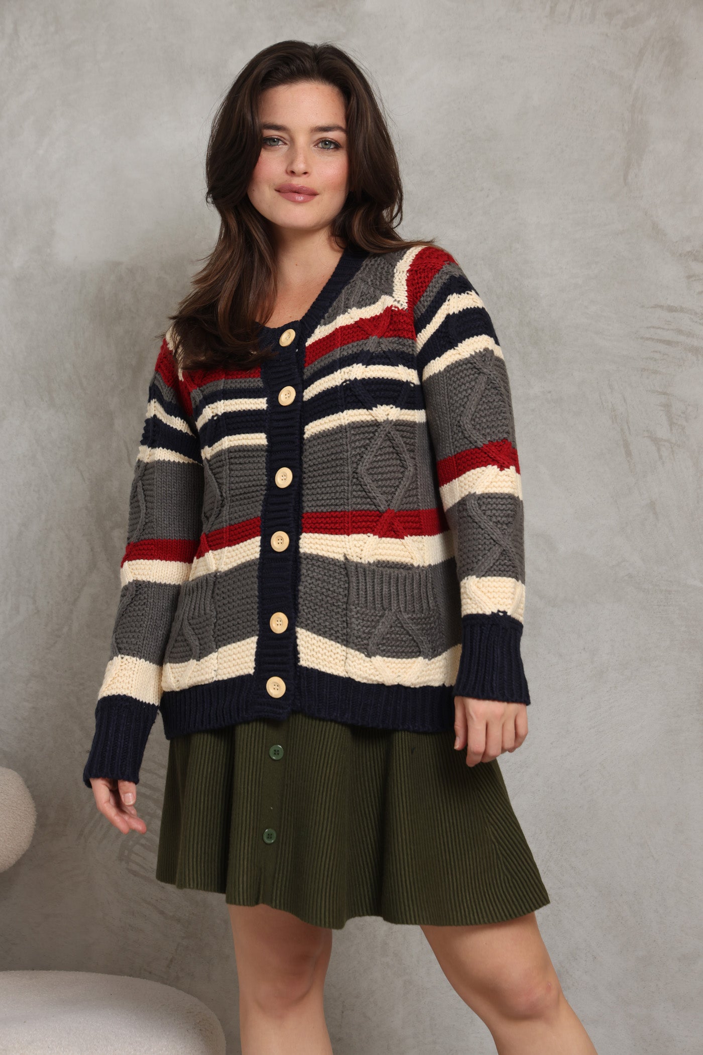 קרדיגן פסי אפור ואדום