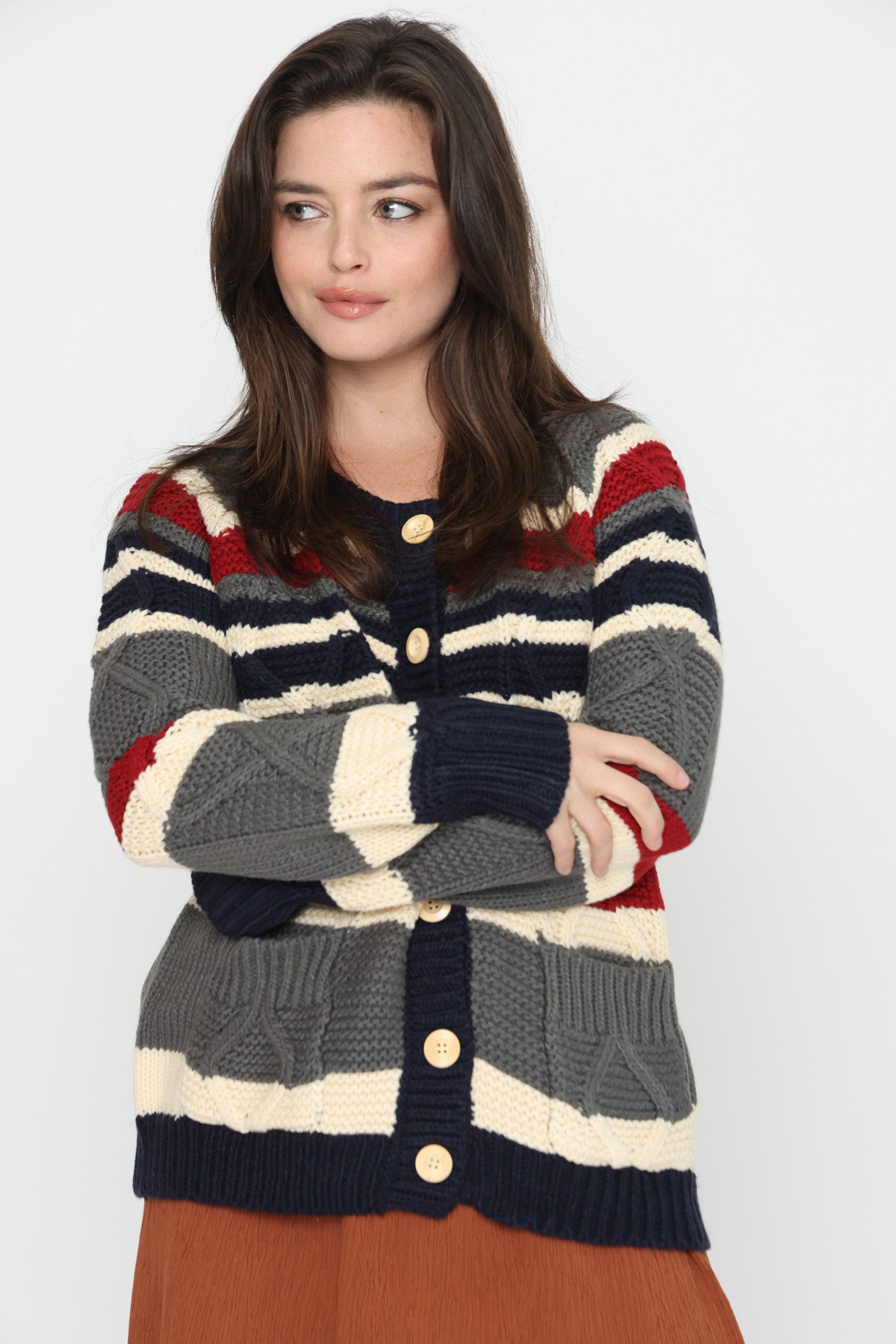 קרדיגן פסי אפור ואדום