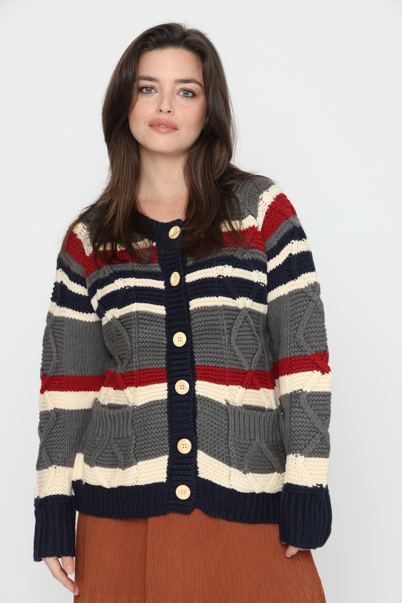 קרדיגן פסי אפור ואדום