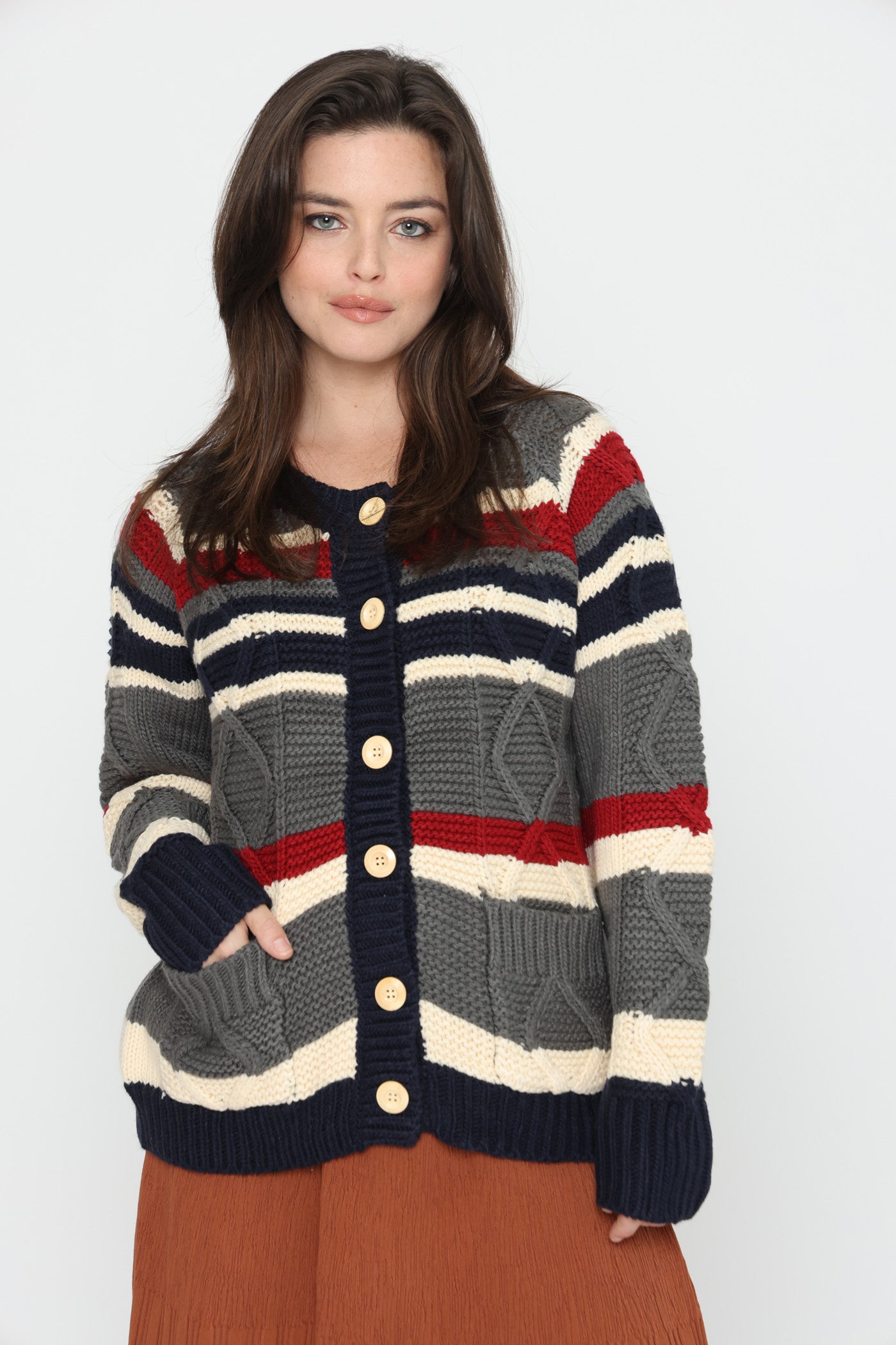 קרדיגן פסי אפור ואדום