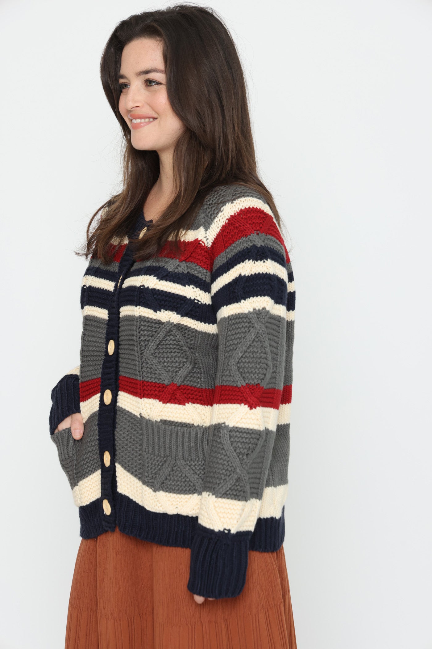 קרדיגן פסי אפור ואדום