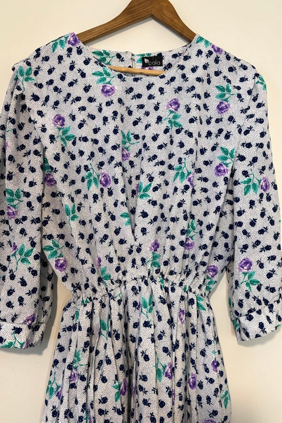 שמלת וינטג' פרחים סגולים נקודות שחורות