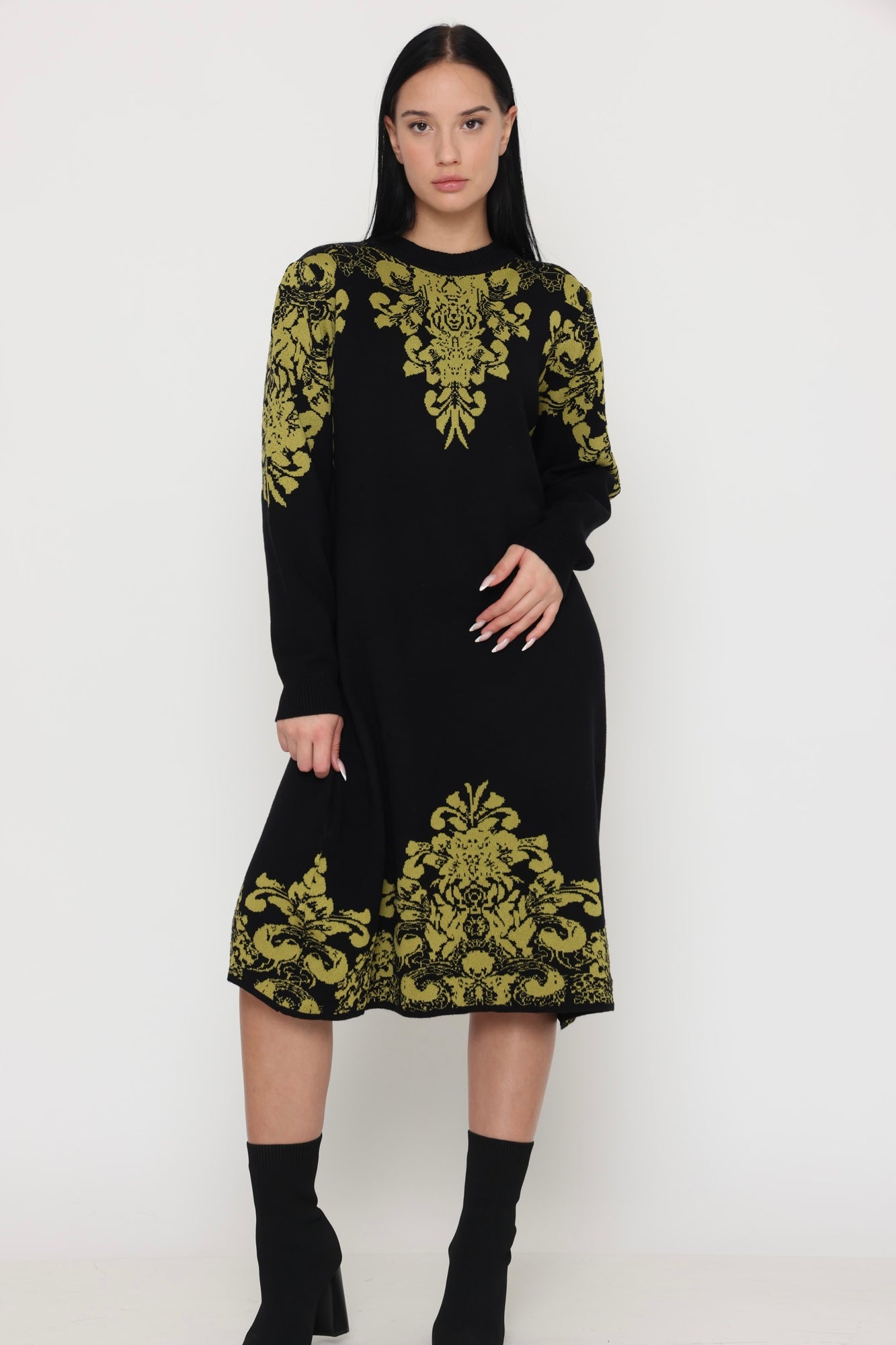 שמלת איור צהוב - צמר