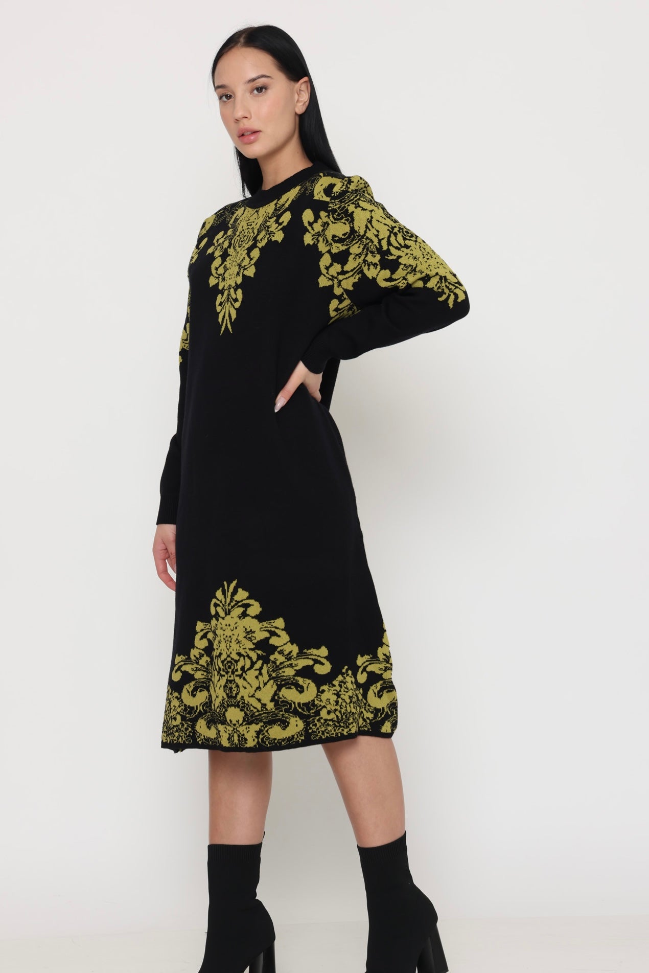 שמלת איור צהוב - צמר